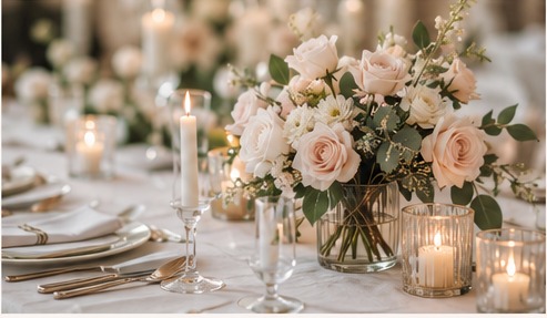 Elegant wedding table with blush flowers and candles